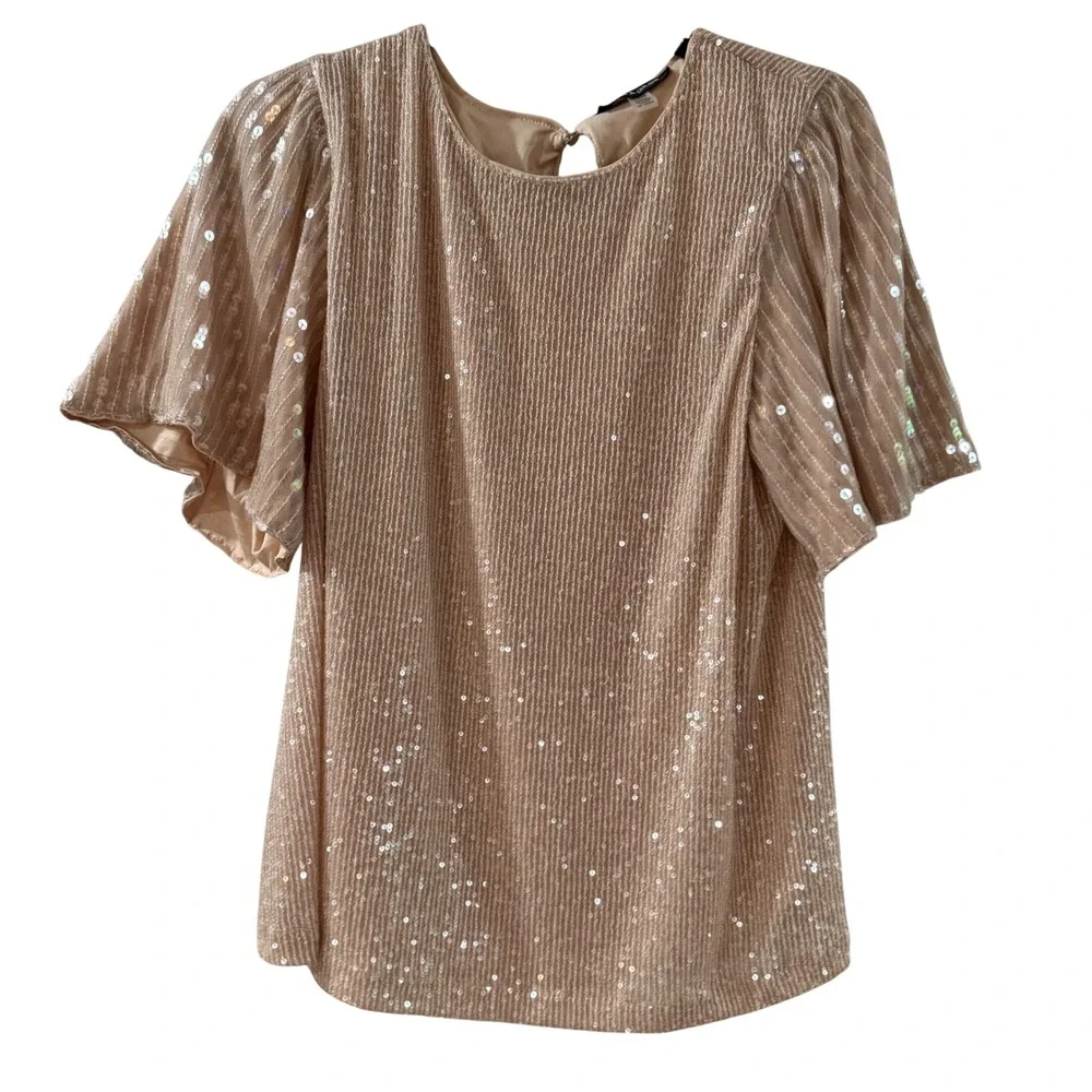 Cable & Gauge Sequin Glam Coquette Party Top Champagne Sheer Romantic M